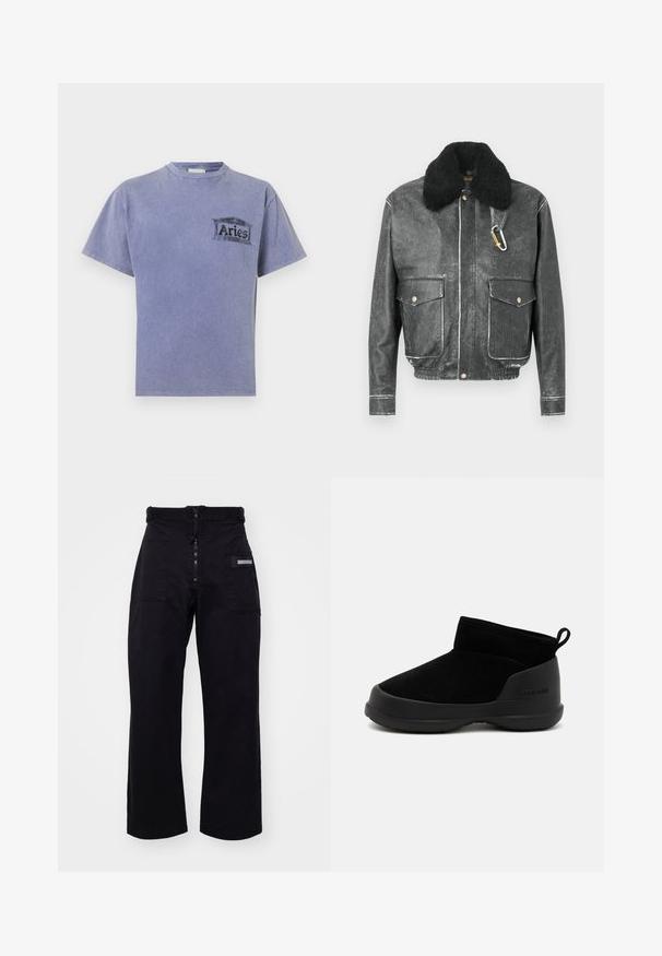 Zwart leren jas met een nepbontkraag, twee voorzakken, witte stikseldetails en een karabijnhaakaccent.; Paarse katoenen T-shirt met korte mouwen, een ronde halslijn en een zwarte zeefdruk logo met de tekst "Aries" op de linkerkant van de borst.; Zwarte, wijde cargobroek met een rits- en klittenbandsluiting, voorzien van twee voorzakken en een zijzak met een rechthoekig hardwaredetail.; Zwarte enkellaarsjes met een gladde suède bovenkant en rubberen zool, met een minimalistisch ontwerp en een treklus aan de achterkant voor eenvoudig aan- en uittrekken.