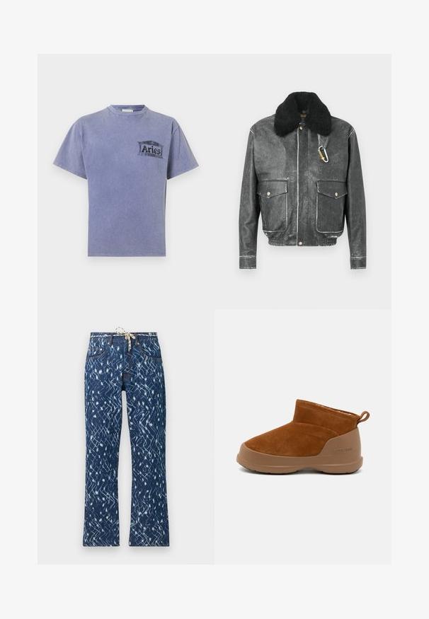 Fekete bőr dzseki mű szőrmés gallérral, két első zsebbel, fehér varrási részletekkel és karabineres díszítéssel.; Lila pamut póló rövid ujjal, kerek nyakkal és fekete, képernyőnyomott logóval, amelyen az "Aries" felirat olvasható a bal mellen.; Kék absztrakt mintázatú, bő szárú farmernadrág, kengyelszíjjal, öt zsebes megoldással és kontrasztos narancssárga varrási részletekkel.; Barna velúr bokacsizma barna gumitalppal, egyszerű kialakítással, kerek orral és kis hátsó húzófüllel.
