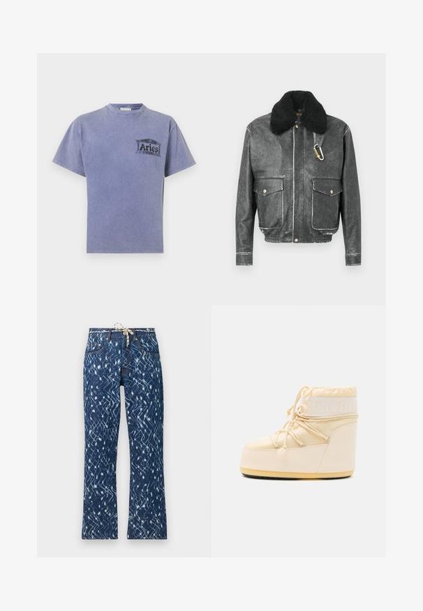 Zwart leren jas met een nepbontkraag, twee voorzakken, witte stikseldetails en een karabijnhaakaccent.; Paarse katoenen T-shirt met korte mouwen, een ronde halslijn en een zwarte zeefdruk logo met de tekst "Aries" op de linkerkant van de borst.; Denim flared jeans met een blauw abstract patroon, met een koordsluiting in de taille, een vijfzakkenontwerp en contrasterende oranje stiksels.; Lichtbeige Moon Boot met een ronde neus, trekkoordsluiting en getextureerde rubberen zool. Beschikt over witte branding en gladde synthetische materialen.