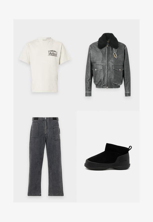 Μαύρο δερμάτινο μπουφάν με ψεύτικο γιακά από shearling, δύο εμπρόσθιες τσέπες, λεπτομέρειες με λευκή ραφή και διακοσμητικό καραμπίνερ.; T-shirt κοντομάνικο, με στρογγυλή λαιμόκοψη, σε λευκό χρώμα από βαμβάκι με μαύρο γραφικό τύπωμα που αναγράφει "Κριός" στην αριστερή πλευρά του στήθους.; Σκούρο γκρι τζίν παντελόνι με ίσια γραμμή, διαθέτει μπροστινό φερμουάρ, ελαστική μέση και δύο μεγάλες τσέπες στα πλάγια.; Μαύρες μπότες μέχρι τον αστράγαλο με λείο σουέντ άνω μέρος και καουτσούκ σόλα, που διαθέτουν μινιμαλιστικό σχέδιο και θηλιά στο πίσω μέρος για εύκολη τοποθέτηση.