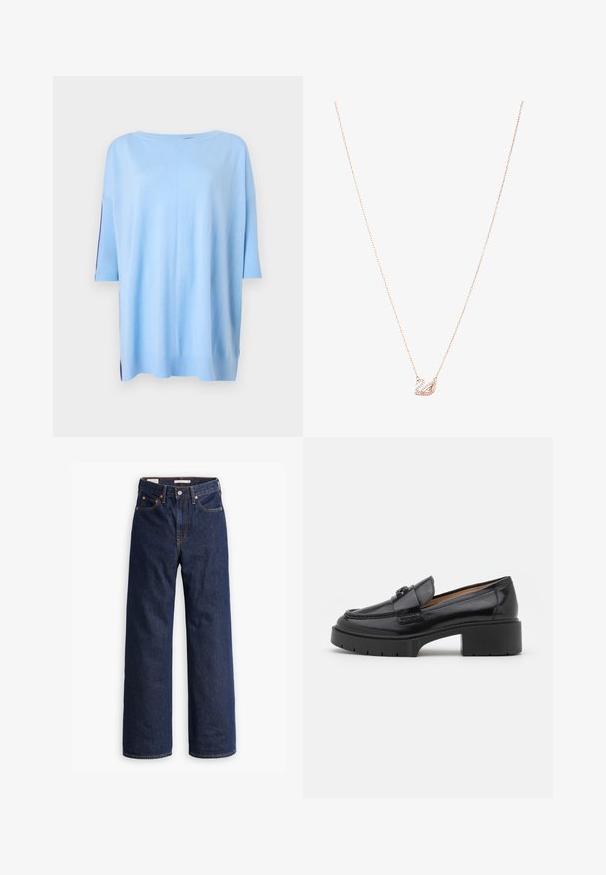 Palton bej dintr-un amestec de lână cu un design croit, revere cu tăietură tip notch, trei nasturi negri și două buzunare frontale. Mâneci lungi și croială de lungime medie.; Pulover scurt cu mânecă scurtă de culoare albastru deschis, cu o croială lejeră, accente ribbrate la mâneci și slituri laterale la tiv pentru un plus de textură.; Jeans din denim dreapta, de culoare albastru închis, cu cinci buzunare, cusături portocalii și închidere cu nasture.; Mocasin din piele neagră cu toc mic pătrat, vârf rotunjit, bandă decorativă și detaliu de cusătură texturată pe partea superioară. Finisaj neted.; Colier din aur roz cu un pandantiv în formă de lebădă, embellisat cu cristale clare. Lanțul are un design delicat cu verigi.