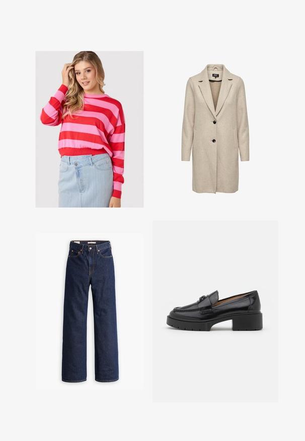 Beige villasekoitteinen takki, jossa on muotoutunut muotoilu, kulmahuulet, kolme mustaa nappia ja kaksi etutaskua. Pitkät hihat ja keskipitkä selaus.; Punainen ja vaaleanpunainen raidallinen neule, jossa on pyöreä kaula-aukko ja rento istuvuus, yhdistettynä vaaleansiniseen farkkuhameeseen. Pehmeä neulemateriaali.; Tummansiniset suorat farkut, joissa on viisi taskua, oranssit saumat ja napituskaitale.; Mustapohjaiset nahkaloaferit, joissa on matala lohkarekorko, pyöristetty varvas, koristeellinen nauha ja teksturoitu ommel yläosassa. Sileä viimeistely.