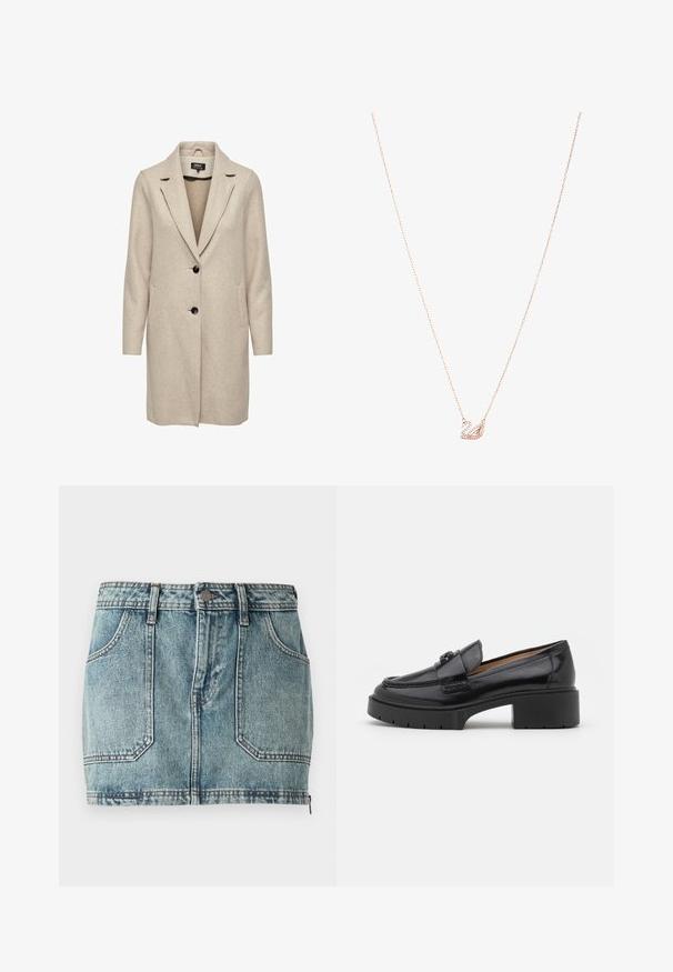 Bēšas vilnas maisījuma mētelis ar pielāgotu dizainu, ar iegrieztiem klājumiem, trim melniem pogām un divām priekšējām kabatām. Garas piedurknes un vidēja garuma griezums.; Gaiši zila blūze, kas izgatavota no spīdīga auduma, ar klasisku apkakli, pogu priekšpusi, apjomu izsmalcinātas piedurknes un slāņotu, frillētu apakšmalu.; Gaiši zila džinsa mini svārku ar piecām kabatām, jostu cilpām, metāla pogas aizdari un kontrastējošiem šuvēm.; Melnas ādas loafers ar zemu bloku papēdi, noapaļotu purngali, dekoratīvu joslu un teksturētu šuvju detaļu augšdaļā. Gluds apdare.; Rozā zelta kaklarota ar gulbja piekariņu, rotāta ar caurspīdīgiem kristāliem. Ķēde ir izstrādāta ar smalku saites dizainu.