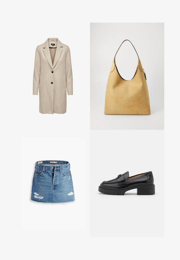 Beige villasekoitteinen takki, jossa on muotoutunut muotoilu, kulmahuulet, kolme mustaa nappia ja kaksi etutaskua. Pitkät hihat ja keskipitkä selaus.; Vaaleansininen paita, joka on valmistettu kiiltävästä kankaasta. Siinä on klassinen kaulus, napitettava etuosa, puffihihat ja kerroksellinen, röyhelöreuna.; Vaaleansininen farkku-minihelma. Sisältää purjehtivat reunat, kaksi kulutuspistettä, edessä napin kiinnitys ja viisi taskua. Klassinen leikkaus.; Mustapohjaiset nahkaloaferit, joissa on matala lohkarekorko, pyöristetty varvas, koristeellinen nauha ja teksturoitu ommel yläosassa. Sileä viimeistely.; Keltainen mokkanahkainen hobo-laukku, jossa on sileä pinta, leveä aukko ja ruskea nahkareunus ylhäällä. Varustettu hopeanvärisellä vetoketjulla.; Kulta ruusu -ketju, jossa on joutsen-riipus, koristeltu kirkkailla kristalleilla. Ketjussa on herkkä linkkimuotoilu.