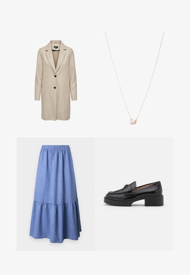 Casaco em mistura de lã bege com um design estruturado, lapelas com corte em bico, três botões pretos e dois bolsos frontais. Mangas longas e corte a meio comprimento.; Blusa azul clara feita de tecido brilhante, com colarinho clássico, frente com botões, mangas bufantes e uma bainha em camadas com volantes.; Saia de chambray azul com uma cintura elástica franzida e bainha em camadas com babados, apresentando uma textura suave e um ajuste relaxado e fluido.; Mocassim de couro preto com um salto baixo, bico arredondado, fita decorativa e detalhe de costura texturizada na parte superior. Acabamento suave.; Colar em ouro rosa com um pendente de cisne, embelezado com cristais transparentes. A corrente apresenta um design de elos delicado.