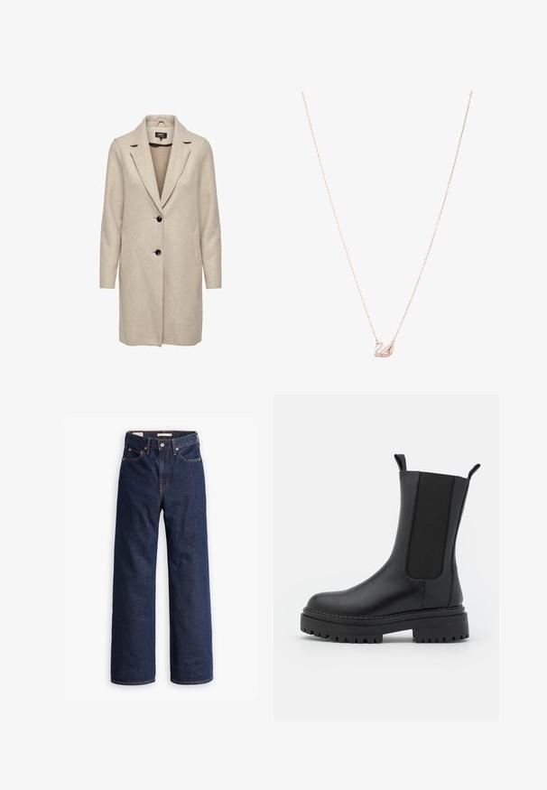 Bežový kabát z vlnenej zmesi s upraveným dizajnom, s klopami a tromi čiernymi gombíkmi, a s dvoma prednými vreckami. Dlhé rukávy a stredná dĺžka.; Svetlomodrá blúzka z lesklej látky, s klasickým golierom, zapínaním na gombíky, naberanými rukávmi a tierovaným volánovým lemy.; Tmavomodré džínsy rovného strihu s piatimi vreckami, oranžovým prešívaním a zapínaním na gombík.; RAID CHERISH - Čižmy na platforme - black; Náhrdelník z ružového zlata s pendantom labute, zdobený čírymi kryštálmi. Reťaz je vybavená jemným dizajnom článkov.