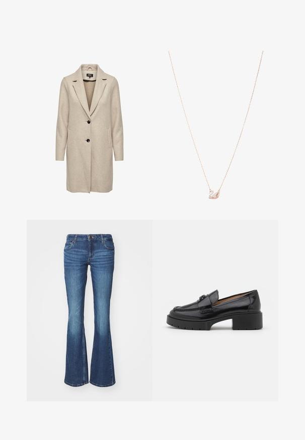 Beige plašč iz volnenega mešanice s prilagojeno zasnovo, zareznimi reverji, tremi črnimi gumbi in dvema sprednjima žepoma. Dolgi rokavi in srednje dolžine.; Svetlo modra bluza iz sijočega materiala, z klasičnim ovratnikom, sprednjim gumbom, napihnjenimi rokavi in večplastnim, nabranim robom.; Razširjene kavbojke iz srednje modernega denima. Imajo zadrgo in kovinsko gumb, dva sprednja žepa in podrobnosti bledenja blizu kolen.; Črne usnjene loafer čevlje z nizko blok peto, zaobljenim nosom, okrasnim trakom in teksturiranim šivom na zgornjem delu. Gladek zaključek.; Ogrlica v rožnato zlato z obeskom v obliki laboda, okrašena s prozornimi kristali. Veriga ima občutljiv dizajn povezav.
