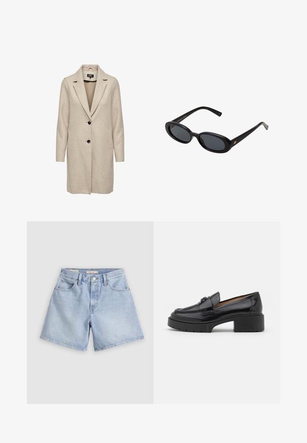 Beżowy płaszcz wełniany w połączeniu z innymi materiałami, o dopasowanym kroju, z klapami w kształcie notcha, trzema czarnymi guzikami i dwoma przednimi kieszeniami. Długie rękawy i średniej długości krój.; Jasnoniebieska bluzka wykonana z błyszczącego materiału, z klasycznym kołnierzykiem, zapięciem na guziki, bufkami oraz warstwowym, falbaniastym dołem.; Szorty dżinsowe w jasnoniebieskim kolorze. Z wysokim stanem, czterema kieszeniami, zapięciem na guziki z przodu oraz surowymi brzegami wykończenia. Tkanina wydaje się miękka, z efektownym wyblakłym wykończeniem.; Czarne skórzane mokasyny z niskim obcasem, zaokrąglonym czubkiem, dekoracyjnym paskiem i teksturowanym szyciem na cholewce. Gładkie wykończenie.; Czarne, oversize okulary przeciwsłoneczne z owalnymi soczewkami, gładkim plastikowym mostkiem i złotymi akcentami na zausznikach. Ciemne soczewki zapewniają ochronę przed słońcem.; Naszyjnik w kolorze różowego złota z zawieszką w kształcie łabędzia, zdobiony przezroczystymi kryształami. Łańcuszek ma delikatny wzór ogniw.