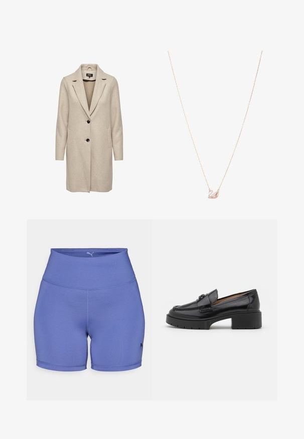 Bež kaput od vune s mješavinom vlakana, s prilagođenim dizajnom, reverima u obliku slova notch, tri crna dugmeta i dva prednja džepa. Dugi rukavi i srednje dugačak kroj.; Svijetloplava bluzica od sjajnog materijala, s klasičnim okovratnikom, prednjim kopčanjem, napuhanim rukavima i višeslojnim, volanastim rubom.; Ljubičaste atletske kratke hlače izrađene od rastezljivog materijala, s visokim pojasom i suptilnim detaljima šivanja. Logo otisnut na donjoj strani.; Crne kožne loaferice s niskim blok potpeticama, zaobljenim vrhom, dekorativnim remenom i teksturiranim detaljima šivanja na gornjem dijelu. Glatka površina.; Ogrlica u ružičastom zlatu s privjeskom labuda, ukrašena prozirnim kristalima. Lanac ima delikatan uzorak karika.