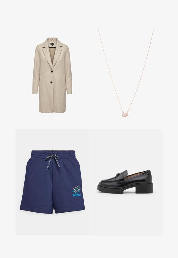 Abrigo de mezcla de lana beige con un diseño entallado, solapas de muesca, tres botones negros y dos bolsillos frontales. Manga larga y corte a media longitud.; Blusa azul claro hecha de tela brillante, con un cuello clásico, frente de botones, mangas abullonadas y un dobladillo con volantes en capas.; Bermudas deportivas azul marino con cintura elástica, cordón con acentos verdes y azules, y un logotipo multicolor de Lotto en el lado.; Mocasín de cuero negro con tacón bajo, punta redondeada, correa decorativa y detalle de costura texturizada en la parte superior. Acabado suave.; Collar de oro rosa con un colgante de cisne, adornado con cristales transparentes. La cadena presenta un diseño de eslabones delicados.