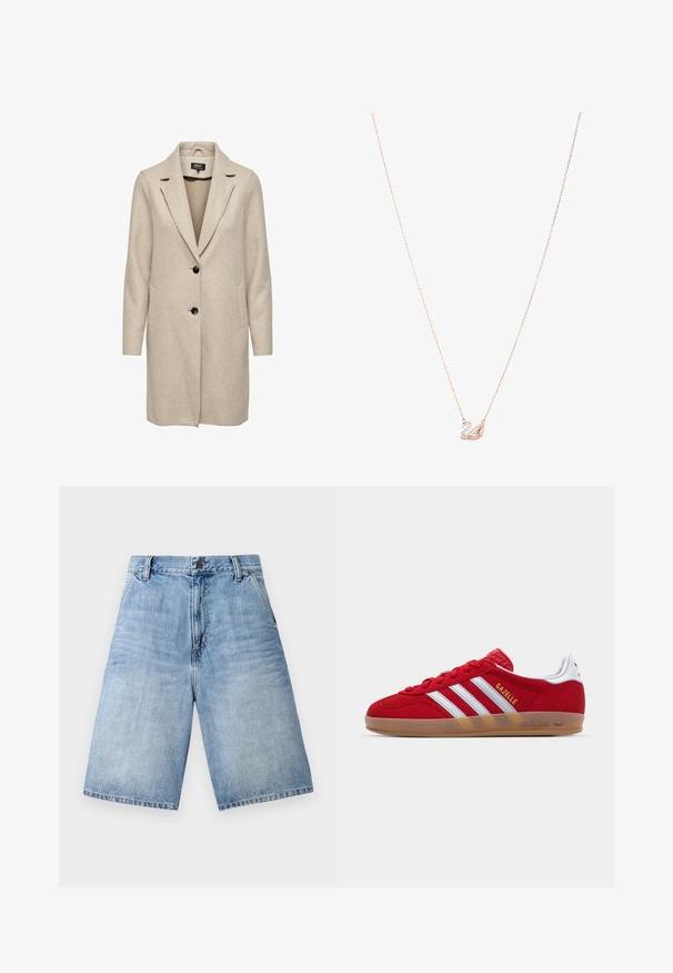 Beige wollen blend jas met een op maat gemaakt ontwerp, notch revers, drie zwarte knopen en twee voorzakken. Lange mouwen en middellange snit.; Lichtblauwe blouse van glanzende stof, met een klassieke kraag, knoopsluiting aan de voorkant, puffen mouwen en een gelaagde, gerimpelde zoom.; Lichtblauwe denim shorts met een losse pasvorm, vijf zakken en een knoopsluiting aan de tailleband. Gefreide zoomdetails aan de benen.; Rode suède sneaker met een witte drie-strepenontwerp en gouden "Gazelle" tekst. Beschikt over een rubberen gumzool en een gestructureerde hiel.; Roségouden ketting met een zwaan hanger, versierd met heldere kristallen. De ketting heeft een verfijnd schakeldesign.