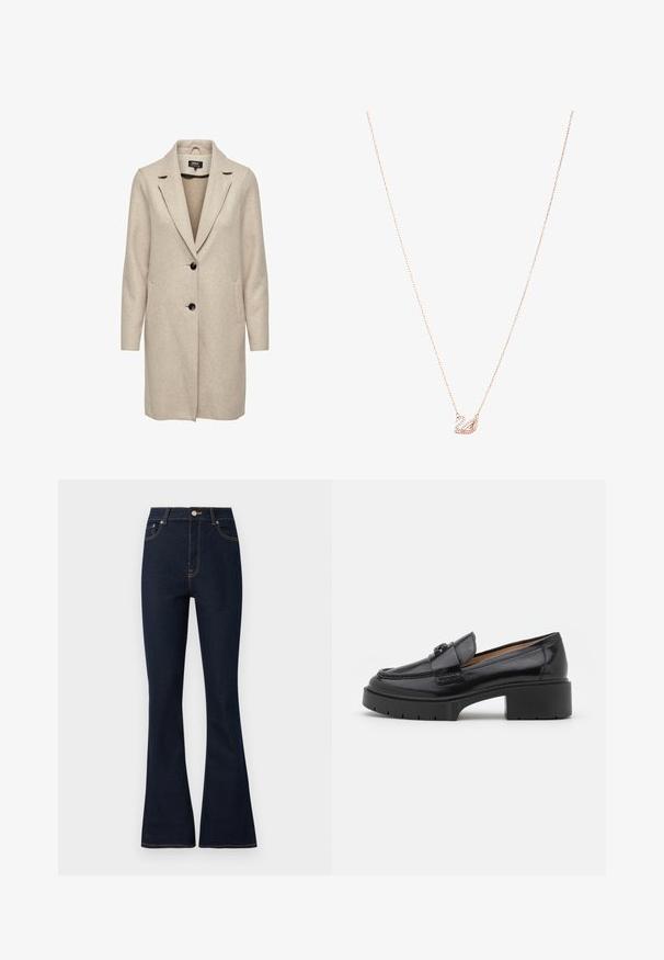 Beige wool-blend coat with a tailored design, notch lapels, three black buttons, and two front pockets. Long sleeves and mid-length cut.; Light blue blouse made of shiny fabric, featuring a classic collar, button front, puffed sleeves, and a tiered, ruffled hemline.; Dark blue denim flared jeans with a high waist, featuring golden stitching, front pockets, and a metal button closure.; Black leather loafer with a low block heel, rounded toe, decorative strap, and textured stitching detail on the upper. Smooth finish.; Rose gold necklace with a swan pendant, embellished with clear crystals. The chain features a delicate link design.
