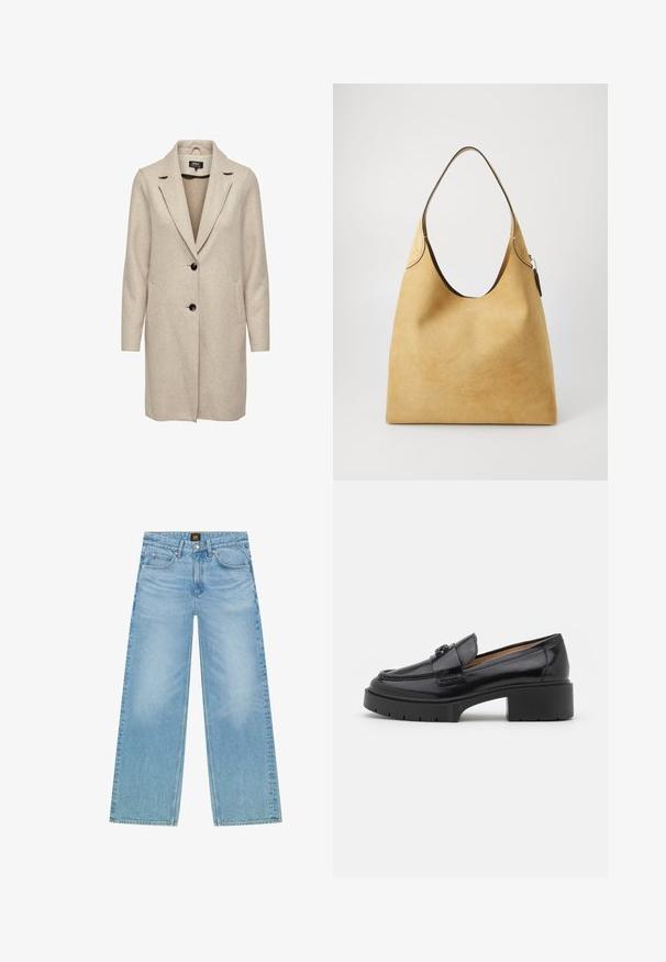 Bež kaput od vune s mješavinom vlakana, s prilagođenim dizajnom, reverima u obliku slova notch, tri crna dugmeta i dva prednja džepa. Dugi rukavi i srednje dugačak kroj.; Svijetloplava bluzica od sjajnog materijala, s klasičnim okovratnikom, prednjim kopčanjem, napuhanim rukavima i višeslojnim, volanastim rubom.; Svijetloplave široke traperice izrađene od denima. Imaju klasičan dizajn s pet džepova i blago izblijedjeli izgled. Zatvaranje na dugme i patentni zatvarač.; Crne kožne loaferice s niskim blok potpeticama, zaobljenim vrhom, dekorativnim remenom i teksturiranim detaljima šivanja na gornjem dijelu. Glatka površina.; Žuta suđena hobo torba s glatkom teksturom, širokim otvorom i smešnim kožnim detaljem duž vrha. Ima dodatak sa srebrnim patentnim zatvaračem.; Ogrlica u ružičastom zlatu s privjeskom labuda, ukrašena prozirnim kristalima. Lanac ima delikatan uzorak karika.