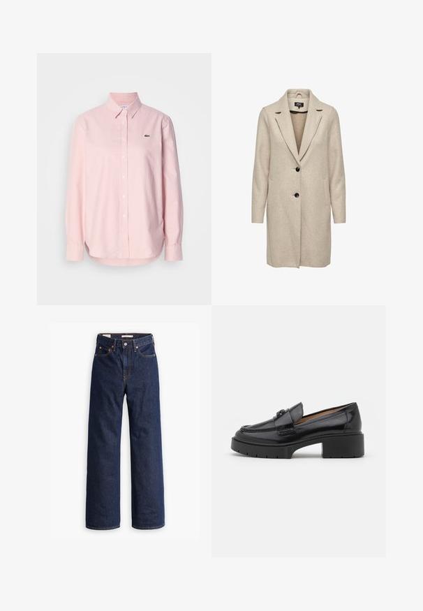 Beige gyapjú keverék kabát, testre szabott kialakítással, hajtókás gallérral, három fekete gombbal és két elülső zsebbel. Hosszú ujjak és közép hosszúságú fazon.; Világos rózsaszín, hosszú ujjú gombos ing, pamutból készült. Klasszikus gallérral és egy kis zöld logóval rendelkezik a mellkason. Testre szabott fazon.; Sötétkék egyenes szárú farmernadrág öt zsebbel, narancssárga varrással és gombos záródással.; Fekete bőr loafer alacsony blokk sarkú, lekerekített orrú, díszes pánttal és textúrált varrással a felső részen. Simító felület.