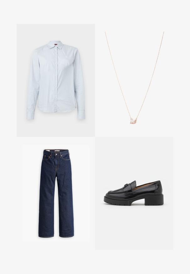 Beige wool-blend coat with a tailored design, notch lapels, three black buttons, and two front pockets. Long sleeves and mid-length cut.; Light blue striped long-sleeve shirt made of cotton, featuring a pointed collar, button closure, and an embroidered logo on the chest.; Dark blue straight-leg denim jeans with five pockets, orange stitching, and a button fly closure.; Black leather loafer with a low block heel, rounded toe, decorative strap, and textured stitching detail on the upper. Smooth finish.; Rose gold necklace with a swan pendant, embellished with clear crystals. The chain features a delicate link design.