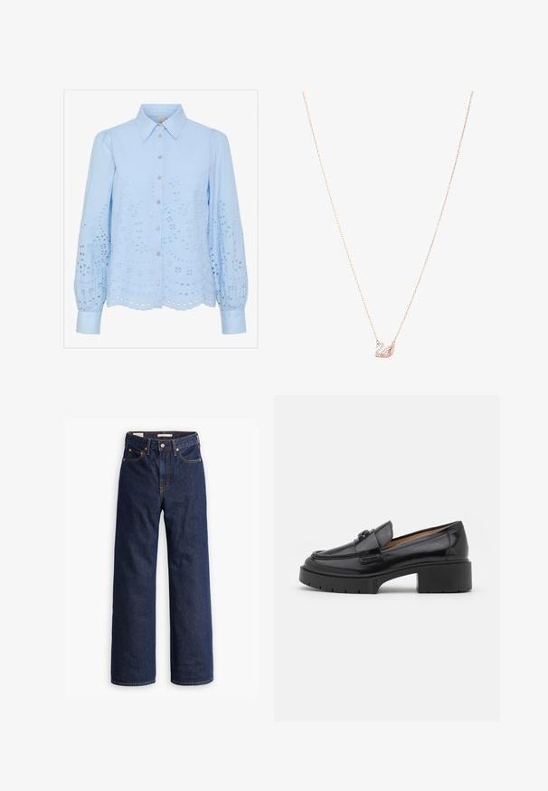 Beige wool-blend coat with a tailored design, notch lapels, three black buttons, and two front pockets. Long sleeves and mid-length cut.; Light blue blouse with a button-up front, pointed collar, long puffed sleeves, and embroidered eyelet design. Scalloped hemline detail.; Dark blue straight-leg denim jeans with five pockets, orange stitching, and a button fly closure.; Black leather loafer with a low block heel, rounded toe, decorative strap, and textured stitching detail on the upper. Smooth finish.; Rose gold necklace with a swan pendant, embellished with clear crystals. The chain features a delicate link design.