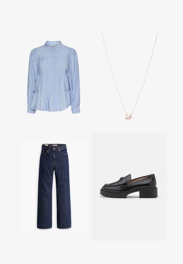 Smėlio spalvos vilnos mišinys paltas su pritaikytu dizainu, kilpomis, trimis juodais mygtukais ir dviem priekinėmis kišenėmis. Ilgos rankovės ir vidutinio ilgio kirpimas.; Šviesiai mėlyna bluzonė, pagaminta iš blizgaus audinio, su klasikiniais apykaklėmis, užsegimu mygtukais, pūstomis rankovėmis ir daugiapakopiu, volanguotais kraštais.; Tamsiai mėlynos tiesaus kirpimo džinsinės kelnės su penkiais kišenėmis, oranžinėmis siūlėmis ir mygtukų užtrauktuku.; Juodas odinis loaferis su žemu blokiniu kulnu, apvalia nosimi, dekoratyviu dirželiu ir tekstūruotu siuvimo detalėmis viršuje. Lygus paviršius.; Rožinio aukso kaklo vėrinys su gulbės pakabuku, puoštas skaidriais kristalais. Grandinėlė pasižymi subtiliu akmens dizainu.