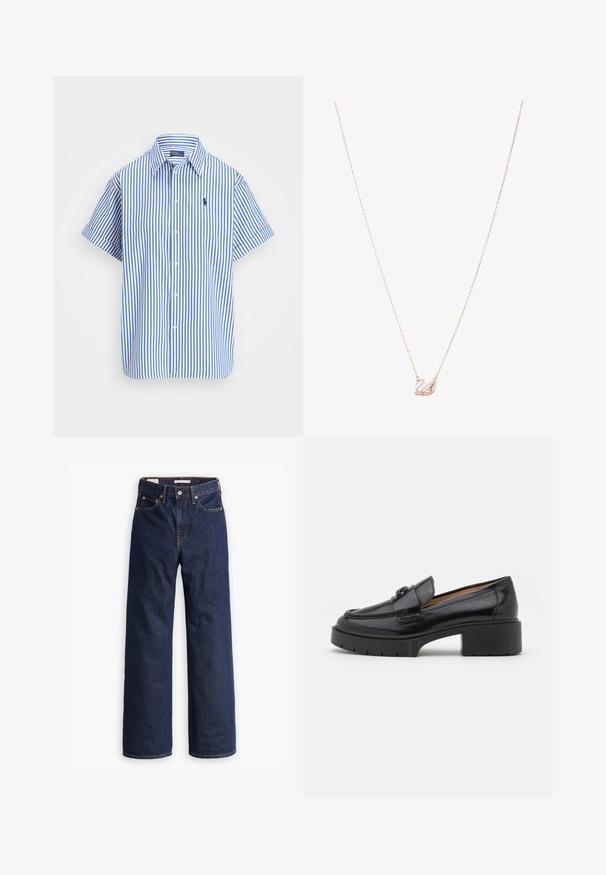 Beige wool-blend coat with a tailored design, notch lapels, three black buttons, and two front pockets. Long sleeves and mid-length cut.; Short-sleeve button-up shirt in blue and white vertical stripes, featuring a classic collar and embroidered logo on the chest.; Dark blue straight-leg denim jeans with five pockets, orange stitching, and a button fly closure.; Black leather loafer with a low block heel, rounded toe, decorative strap, and textured stitching detail on the upper. Smooth finish.; Rose gold necklace with a swan pendant, embellished with clear crystals. The chain features a delicate link design.