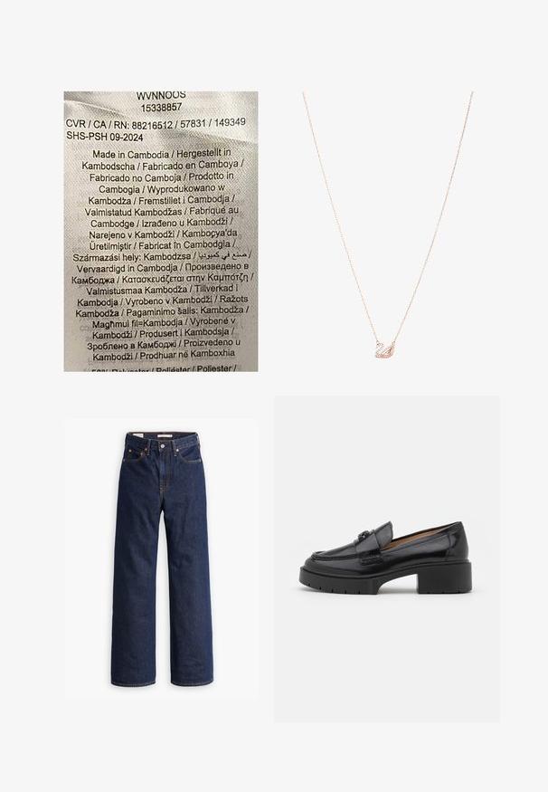 Casaco em mistura de lã bege com um design estruturado, lapelas com corte em bico, três botões pretos e dois bolsos frontais. Mangas longas e corte a meio comprimento.; Rótulo com texto multicolorido sobre um fundo de tecido claro. Lista detalhes de fabricação em várias línguas; afirma principalmente "Feito no Camboja."; Jeans de ganga azul-escuro de perna reta com cinco bolsos, costuras laranja e fecho de botão.; Mocassim de couro preto com um salto baixo, bico arredondado, fita decorativa e detalhe de costura texturizada na parte superior. Acabamento suave.; Colar em ouro rosa com um pendente de cisne, embelezado com cristais transparentes. A corrente apresenta um design de elos delicado.