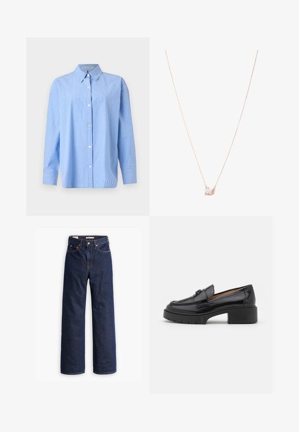 Beige wool-blend coat with a tailored design, notch lapels, three black buttons, and two front pockets. Long sleeves and mid-length cut.; Light blue button-up shirt made of cotton with white vertical stripes. Features a classic collar and long sleeves with buttoned cuffs.; Dark blue denim wide-leg jeans with a high waist, five pockets, contrasting orange stitching, and a button closure. Smooth texture.; Black leather loafer with a low block heel, rounded toe, decorative strap, and textured stitching detail on the upper. Smooth finish.; Rose gold necklace with a swan pendant, embellished with clear crystals. The chain features a delicate link design.