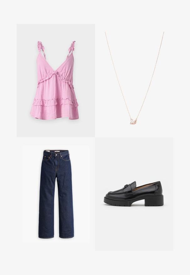 Beige uld-blend frakke med en skræddersyet design, med klapkrave, tre sorte knapper og to frontlommer. Lange ærmer og mellemlang længde.; Lyserød, ærmeløs top lavet af blødt stof med flæse-detaljer langs udskæringen og kanten. Har et afslappet, lagdelt design.; Mørkeblå straight-leg denim jeans med fem lommer, orange syninger og knaplukning.; Sorte læder loafers med en lav blokhæl, rund tå, dekorativ rem og struktureret syning på overdelen. Glat overflade.; Rosaguld halskæde med en svanevedhæng, prydet med klare krystaller. Kæden har et delikat linksdesign.