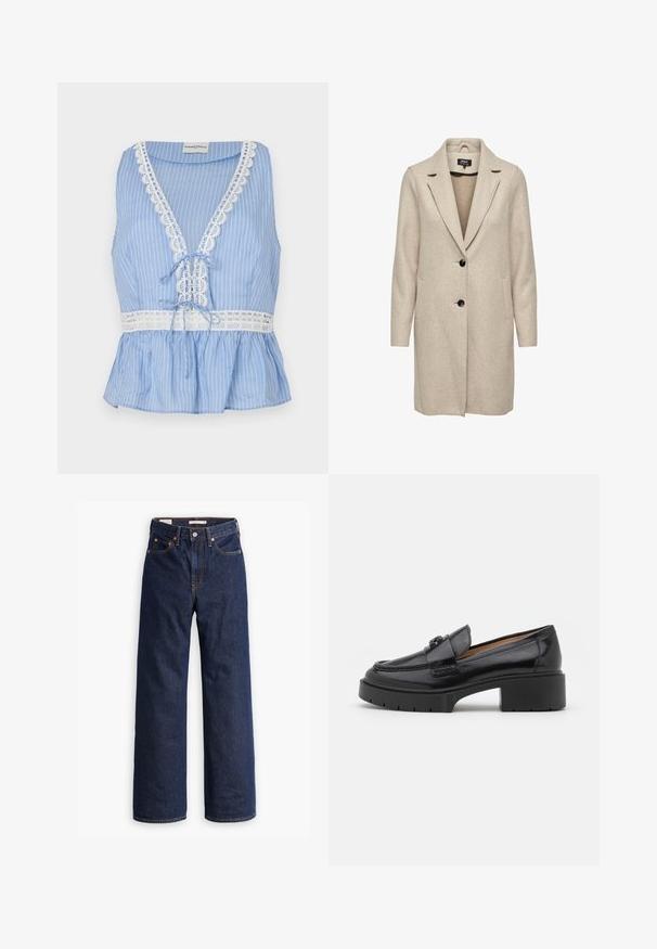 Beige Wollmischungs-Mantel mit taillierter Form, Reverskragen, drei schwarzen Knöpfen und zwei Fronttaschen. Lange Ärmel und mittellanger Schnitt.; Blau gestreifter ärmelloser Oberteil mit tiefem V-Ausschnitt, Spitzenbesatz entlang des Ausschnitts und Saums, mit einer Schleifendetail an der Taille und einem Peplum-Design.; Dunkelblaue gerade geschnittene Denim-Jeans mit fünf Taschen, orangefarbenen Nähten und einem Knopfverschluss.; Schwarze Lederloafer mit niedrigem Blockabsatz, runder Zehenform, dekorativem Riemen und strukturiertem Steppdetail im Obermaterial. Glatte Oberfläche.