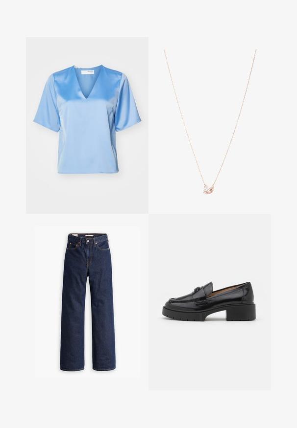 Beige villasekoitteinen takki, jossa on muotoutunut muotoilu, kulmahuulet, kolme mustaa nappia ja kaksi etutaskua. Pitkät hihat ja keskipitkä selaus.; Vaaleansininen satiinipaita, jossa on V-mallinen kaula-aukko, lyhyet hihat ja sileä pinta. Paita on löysästi istuva ja siinä on vain minimissään ompelusaumoja.; Tummansiniset suorat farkut, joissa on viisi taskua, oranssit saumat ja napituskaitale.; Mustapohjaiset nahkaloaferit, joissa on matala lohkarekorko, pyöristetty varvas, koristeellinen nauha ja teksturoitu ommel yläosassa. Sileä viimeistely.; Kulta ruusu -ketju, jossa on joutsen-riipus, koristeltu kirkkailla kristalleilla. Ketjussa on herkkä linkkimuotoilu.