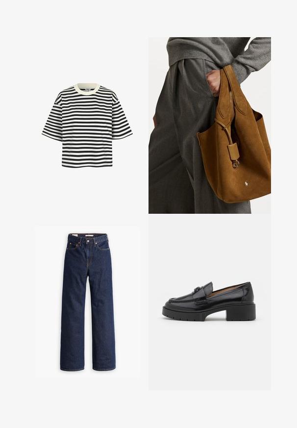 Beżowy płaszcz wełniany w połączeniu z innymi materiałami, o dopasowanym kroju, z klapami w kształcie notcha, trzema czarnymi guzikami i dwoma przednimi kieszeniami. Długie rękawy i średniej długości krój.; Czarnobiała, w paski koszulka z krótkim rękawem, z okrągłym dekoltem i luźnym krojem. Tkanina wydaje się gładka, z równomiernie rozmieszczonymi poziomymi paskami.; Granatowe dżinsy o prostym kroju z pięcioma kieszeniami, pomarańczowym przeszyciem i zapięciem na guzik.; Czarne skórzane mokasyny z niskim obcasem, zaokrąglonym czubkiem, dekoracyjnym paskiem i teksturowanym szyciem na cholewce. Gładkie wykończenie.; Brązowa torebka typu tote z zaokrąglonym kształtem, podwójnymi uchwytami i metalowym akcentem. Z przodu znajduje się małe logo.