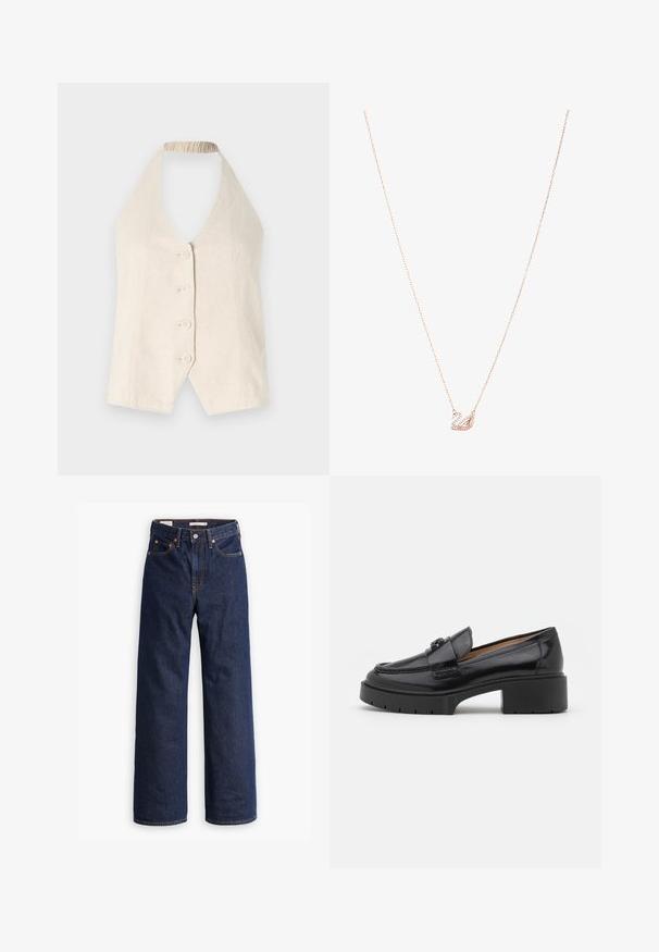 Beige wool-blend coat with a tailored design, notch lapels, three black buttons, and two front pockets. Long sleeves and mid-length cut.; Cream-colored halter top made of linen, featuring a deep V-neck and five fabric-covered buttons down the front. Shirred neckline detail.; Dark blue straight-leg denim jeans with five pockets, orange stitching, and a button fly closure.; Black leather loafer with a low block heel, rounded toe, decorative strap, and textured stitching detail on the upper. Smooth finish.; Rose gold necklace with a swan pendant, embellished with clear crystals. The chain features a delicate link design.