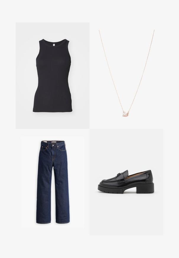 Beige wool-blend coat with a tailored design, notch lapels, three black buttons, and two front pockets. Long sleeves and mid-length cut.; Black sleeveless tank top with a round neckline. Made of soft cotton fabric, it features a fitted silhouette and smooth texture.; Dark blue straight-leg denim jeans with five pockets, orange stitching, and a button fly closure.; Black leather loafer with a low block heel, rounded toe, decorative strap, and textured stitching detail on the upper. Smooth finish.; Rose gold necklace with a swan pendant, embellished with clear crystals. The chain features a delicate link design.
