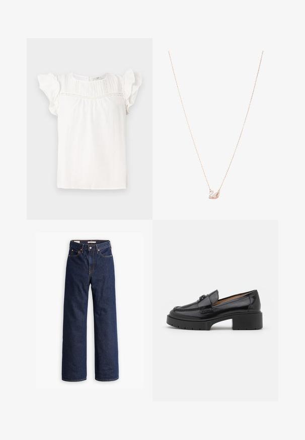 Beige Wollmischungs-Mantel mit taillierter Form, Reverskragen, drei schwarzen Knöpfen und zwei Fronttaschen. Lange Ärmel und mittellanger Schnitt.; Weiße Bluse mit kurzen, gerüschten Ärmeln, die vertikale Falten und Spitzenakzente entlang des Ausschnitts zeigt. Weicher Stoff und lässige Passform.; Dunkelblaue gerade geschnittene Denim-Jeans mit fünf Taschen, orangefarbenen Nähten und einem Knopfverschluss.; Schwarze Lederloafer mit niedrigem Blockabsatz, runder Zehenform, dekorativem Riemen und strukturiertem Steppdetail im Obermaterial. Glatte Oberfläche.; Halskette aus roségold mit einem Schwanenanhänger, verziert mit klaren Kristallen. Die Kette hat ein zartes Glieddesign.