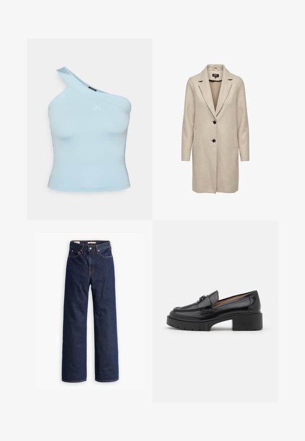 Beige plašč iz volnenega mešanice s prilagojeno zasnovo, zareznimi reverji, tremi črnimi gumbi in dvema sprednjima žepoma. Dolgi rokavi in srednje dolžine.; Svijetloplava bluza na jedno rame napravljena od glatkog, rastezljivog materijala. Ima zaobljen dekolte i logo akcent na prednjem dijelu.; Temno modri kavbojasti jeans ravnega kroja s petimi žepi, oranžnim šivanjem in zapiranjem na gumb.; Črne usnjene loafer čevlje z nizko blok peto, zaobljenim nosom, okrasnim trakom in teksturiranim šivom na zgornjem delu. Gladek zaključek.