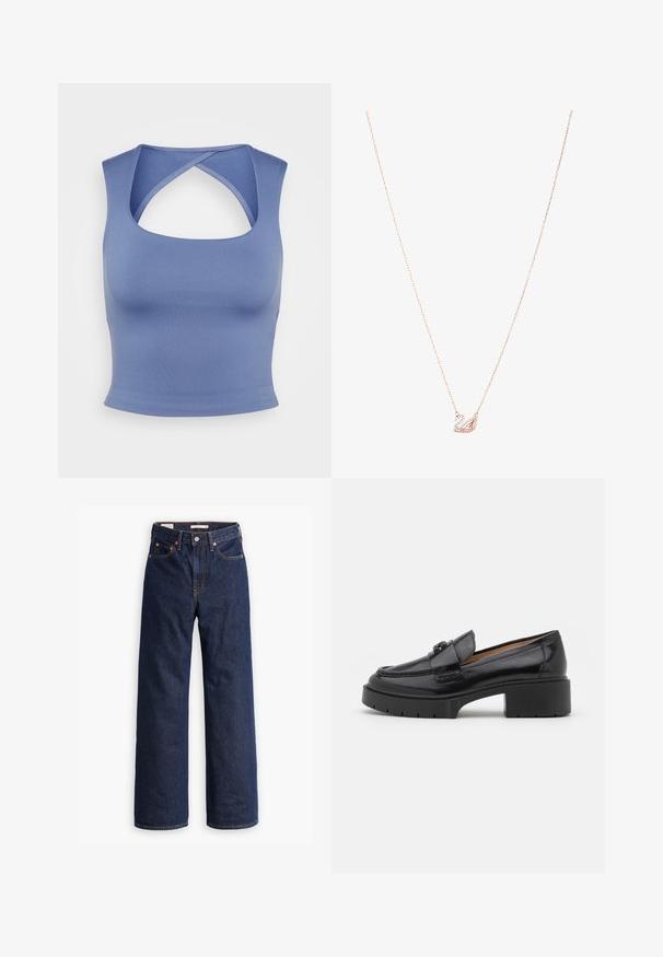Beige ullblandingsfrakk med skreddersydd design, hakkete krage, tre svarte knapper og to frontlommer. Lange ermer og midtlengde.; Blå kort topp laget av glatt stoff, med firkantet utringning og et unikt kryssdesign bak. Elastisk og tettsittende silhuett.; Mørkeblå rette denimjeans med fem lommer, oransjefarget søm og knappestenging.; Sorte skinn loafers med lav blokkhelt, rund tå, dekorativ rem og teksturert sømdetalj på overdelen. Glatt finish.; Rose gullkjede med en svaneanheng, dekorert med klare krystaller. Kjeden har et delikat lenkedesign.
