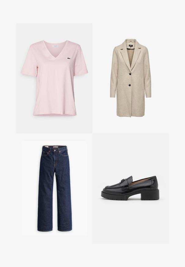 Bežový kabát z vlnenej zmesi s upraveným dizajnom, s klopami a tromi čiernymi gombíkmi, a s dvoma prednými vreckami. Dlhé rukávy a stredná dĺžka.; Svetloružové bavlnené tričko s výstrihom do V a krátkymi rukávmi, na ľavej hrudi s malým zeleným vyšitým logom krokodíla.; Tmavomodré džínsy rovného strihu s piatimi vreckami, oranžovým prešívaním a zapínaním na gombík.; Čierne kožené loafre s nízkym blokovým opätkom, zaoblenou špičkou, dekoratívnym remienkom a textúrovaným štepovaním na vrchnáku. Hladký povrch.