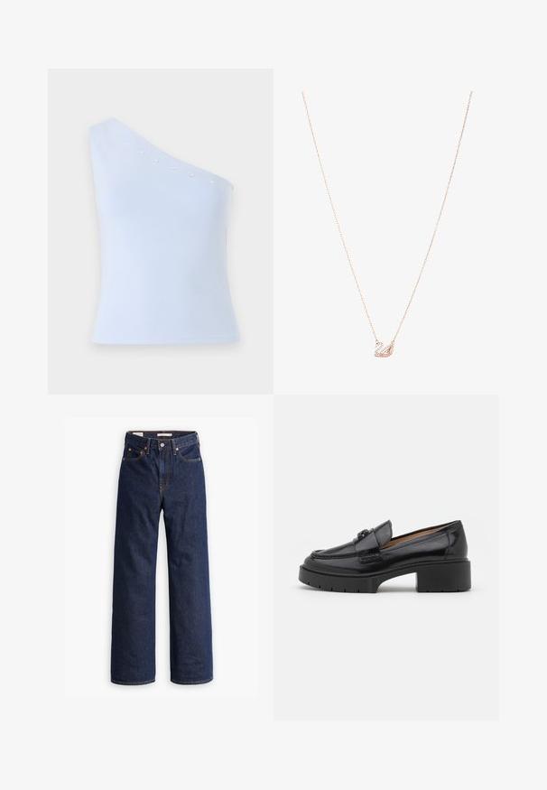 Casaco em mistura de lã bege com um design estruturado, lapelas com corte em bico, três botões pretos e dois bolsos frontais. Mangas longas e corte a meio comprimento.; Top azul claro, com um só ombro, feito de um tecido suave, apresentando detalhes em estrelas prateadas ao longo do decote e uma silhueta ajustada.; Jeans de ganga azul-escuro de perna reta com cinco bolsos, costuras laranja e fecho de botão.; Mocassim de couro preto com um salto baixo, bico arredondado, fita decorativa e detalhe de costura texturizada na parte superior. Acabamento suave.; Colar em ouro rosa com um pendente de cisne, embelezado com cristais transparentes. A corrente apresenta um design de elos delicado.