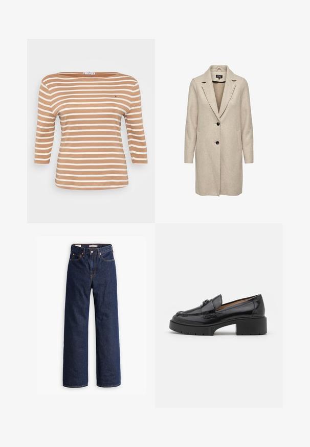 Abrigo de mezcla de lana beige con un diseño entallado, solapas de muesca, tres botones negros y dos bolsillos frontales. Manga larga y corte a media longitud.; Camiseta de manga larga a rayas en marrón claro y blanco, con un escote barco y tejido de algodón suave. Incluye un pequeño logo en el pecho.; Jeans de mezclilla de color azul oscuro, de pernera ancha y cintura alta, con cinco bolsillos, costuras contrastantes en color naranja y cierre de botón. Textura suave.; Mocasín de cuero negro con tacón bajo, punta redondeada, correa decorativa y detalle de costura texturizada en la parte superior. Acabado suave.
