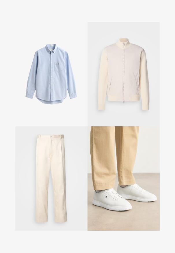 Světle béžová bunda se zapínáním na zip, kombinující hladký vrchní materiál a texturované pletené rukávy, s bočními kapsami a stojáčkovým límcem.; Světle modrá košile na knoflíky vyrobená z bavlny. Má kapsu na prsou, dlouhé rukávy a klasický límec. Hladká textura s kulatým spodním lemem.; Bežové bavlněné kalhoty se střihy rovného nohavice, s knoflíkovým zapínáním a záhyby vpředu pro zvýraznění detailu.; Bílé kožené tenisky s hladkým povrchem, kulatou špičkou, šněrováním a decentním logem na boku, spárované s béžovými kalhotami.