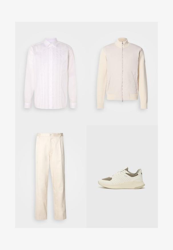 Jachetă bej deschis cu fermoar frontal, combinând un material superior neted și mâneci tricotate texturate, având buzunare laterale și guler în picioare.; Cămașă albă cu mâneci lungi, cu guler clasic, având detalii de pintuck verticale și închidere cu nasturi pe față.; Pantaloni din bumbac bej, cu croială dreaptă, dotati cu închidere cu nasture și pliuri în față pentru un plus de detaliu.; Tenis sportivi alb și bej deschis, cu un înveliș din plasă, detalii perforate și o talpă intermediară texturată, având marcaj pe călcâi.