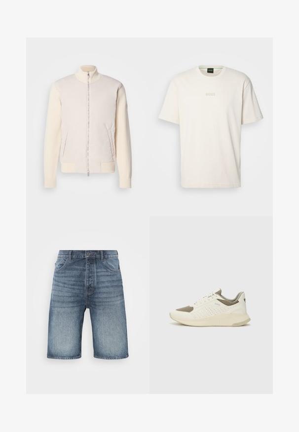Svetlo bež jakna z zadrgo spredaj, ki združuje gladko zgornjo plast in teksturno pletene rokave, ima stranske žepe in stoječi ovratnik.; BOSS TEE - Navadna majica - open white; Traper kratke hlače v svetlo modri barvi z izblijelim opranjem, z gumbom na pasu, dvema sprednjima žepoma in šivanim detajlom na šivih.; Beli in svetlo bež športni copat, s mrežastim zgornjim delom, perforiranimi detajli in teksturirano srednjim delom z blagovno znamko na peti.
