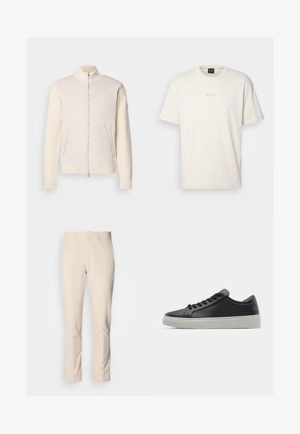 Light beige jacket with a zippered front, combining a smooth upper material and textured knit sleeves, featuring side pockets and a stand collar.; BOSS TEE - Basic T-shirt - open white; Beige slim-fit trousers with button closure, belt loops, and front pockets, shown on plain white background.; Black leather sneaker with a smooth texture, round toe, and black laces. Features a thick, white rubber sole with subtle geometric accents.