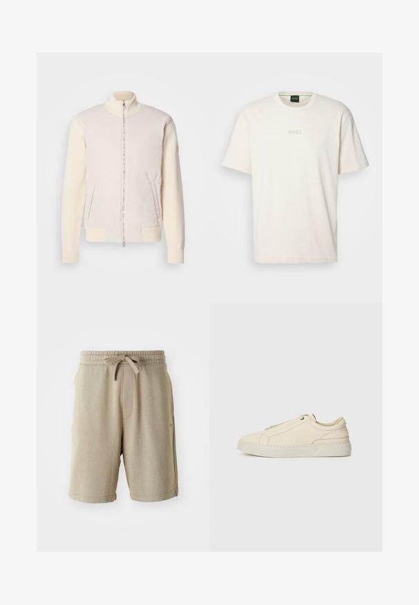Light beige jacket with a zippered front, combining a smooth upper material and textured knit sleeves, featuring side pockets and a stand collar.; BOSS TEE - Basic T-shirt - open white; Beige shorts with a soft texture, elastic waistband, drawstring, and side pockets. Mid-thigh length and minimal branding on the hem.; Beige leather sneaker with a rounded toe, minimalistic design, subtle stitching details, and a textured upper, on a light sole.