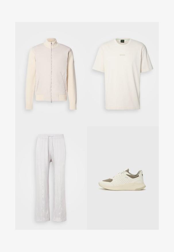 Svetlo béžová bunda so zipsom vpredu, kombinujúca hladký vrchný materiál a štruktúrované pletené rukávy, s bočnými vreckami a stojačikovým golierom.; BOSS TEE - Základné tričko - open white; Svetlo šedé, voľné nohavice z hladkej látky s elastickým pásom a šnúrkou. Priame nohavice so jemnými záhybmi, bez viditeľných vzorov.; Biele a svetlo béžové športové tenisky s hornou časťou z mriežkového materiálu, perforovanými detailmi a textúrovanou medzipodrážkou s logom na päte.