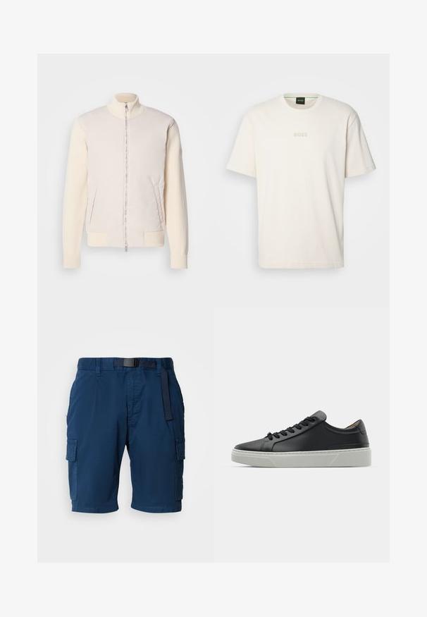 Svijetlo bež jakna s patentnim zatvaračem sprijeda, koja kombinira glatki gornji materijal i teksturirane pletene rukave, s bočnim džepovima i uspravnim ovratnikom.; BOSS TEE - Osnovna majica kratkih rukava - open white; Tamnoplave cargo kratke hlače od lagane tkanine, s pojasom, bočnim džepovima i suptilnom teksturom.; Crne kožne tenisice s glatkom teksturom, okruglim vrhom i crnim čipkastim vezicama. Imaju debeo bijeli gumeni potplat s suptilnim geometrijskim naglascima.