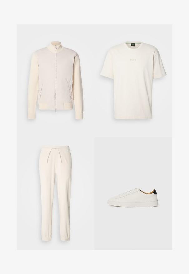 Light beige jacket with a zippered front, combining a smooth upper material and textured knit sleeves, featuring side pockets and a stand collar.; BOSS TEE - Basic T-shirt - open white; BOSS LARSEN - Trousers - open white; White sneaker with a smooth leather upper, round toe, and flat sole. Black accent at the heel, featuring tonal laces and minimal branding.