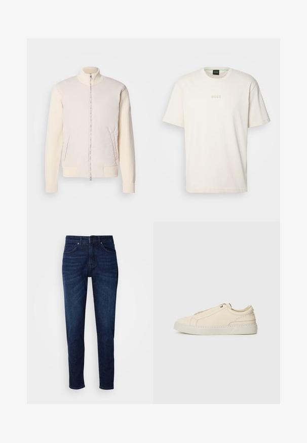 Light beige jacket with a zippered front, combining a smooth upper material and textured knit sleeves, featuring side pockets and a stand collar.; BOSS TEE - Basic T-shirt - open white; Dark blue denim jeans with a straight leg design, featuring pockets and a button closure at the waist. Soft texture, minimal fading details.; Beige leather sneaker with a rounded toe, minimalistic design, subtle stitching details, and a textured upper, on a light sole.