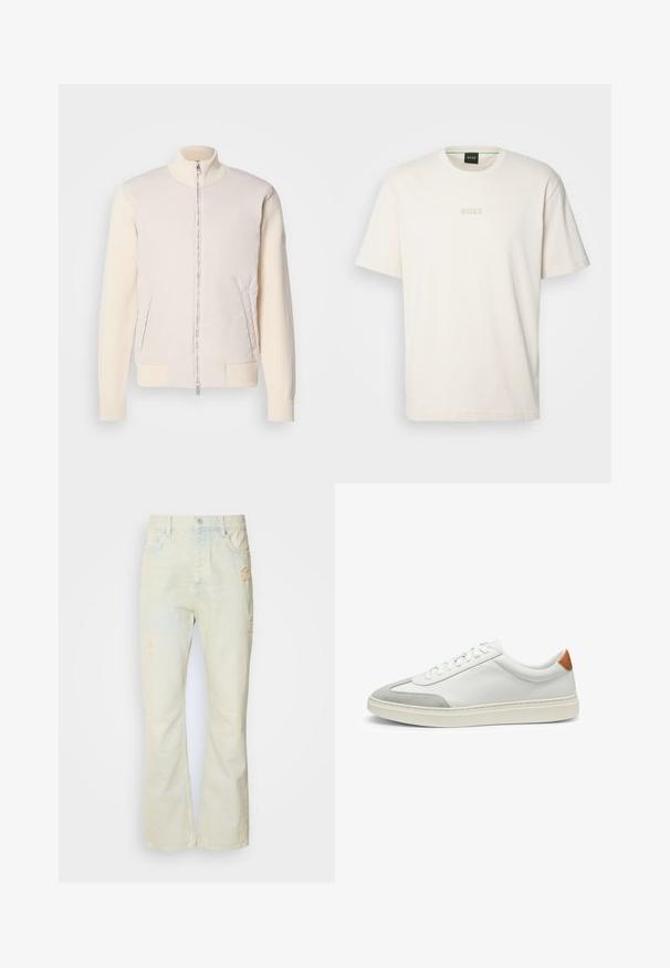 Vaaleanbeige takki, jossa on vetoketjukiinnitys edessa, yhdistäen sileän ylämateriaalin ja teksturoidut neulos hihat, sisältäen sivutaskut ja pystykauluksen.; BOSS TEE - T-paita - open white; Vaaleanbeige farkut, joissa on leveät lahkeet, kulutuspintaa, nappikiinnitys ja viisi taskua. Sileä rakenne ja klassinen leikkaus.; Valkoiset nahkakengät, joissa on harmaat mikrokuituakkentit ja vaaleanruskea nahkakanta. Ominaisuuksiin kuuluu teksturoitu pinta ja kevyt pohja.