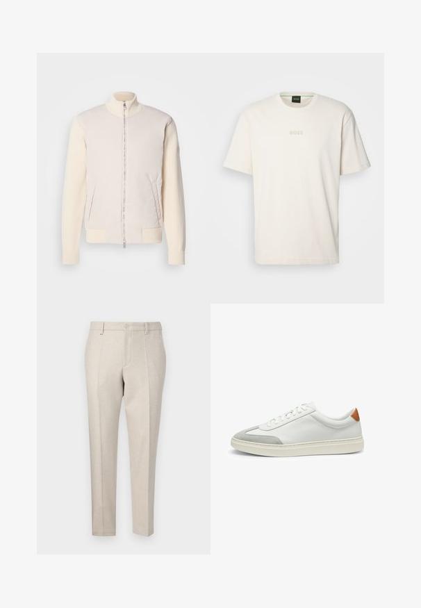 Lichtbeige jas met een ritssluiting aan de voorkant, gecombineerd met een gladde bovenstof en textuur gebreide mouwen, voorzien van zijzakken en een staande kraag.; BOSS TEE - T-shirt basic - open white; Beige op maat gemaakte broek van gestructureerde stof, met een klassieke snit, persplooien en zijzakken.; Witte leren sneakers met grijze suede accenten en een tan leren hieltab. Kenmerkt zich door een textuurovervlak en een lichtgewicht zool.