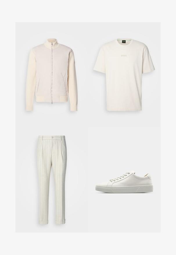 Svetlo bež jakna z zadrgo spredaj, ki združuje gladko zgornjo plast in teksturno pletene rokave, ima stranske žepe in stoječi ovratnik.; BOSS TEE - Navadna majica - open white; Široke hlače iz lahkega materiala, ki imajo kremasto podlago z tankimi modrimi navpičnimi črtami. Obrobljeni robovi in en sam gumb spredaj.; Bela usnjena tenisačka obutev s zaobljenim nosom, minimalističnim dizajnom, sivozelenimi vezalkami in teksturiranim sivo gumijastim podplatom. Opazne diskretne šivalne podrobnosti.