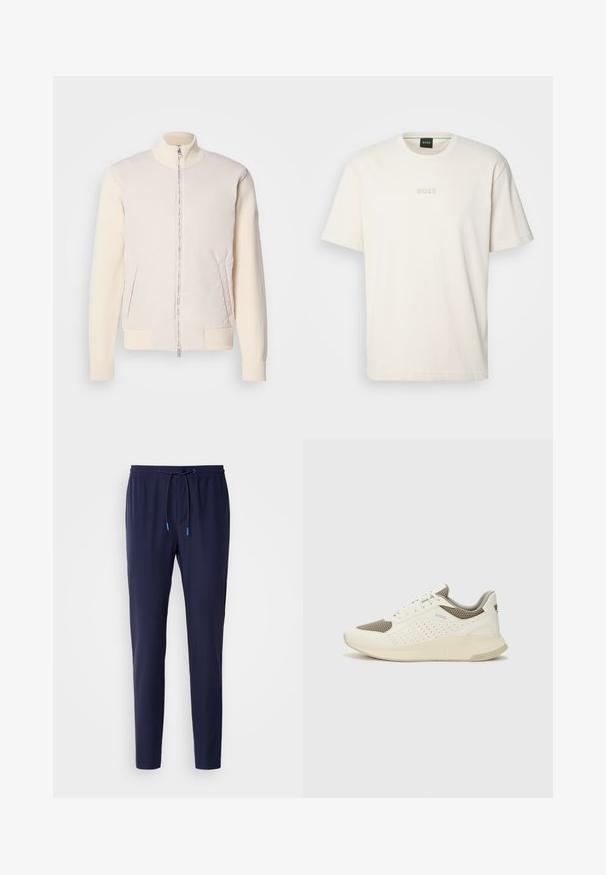 Casaco bege claro com fecho éclair à frente, combinando um material superior liso e mangas de malha texturizada, apresentando bolsos laterais e gola alta.; BOSS TEE - T-shirt básica - open white; Calças jogger azul-marinho feitas de tecido macio, com uma cintura com cordão azul, corte slim e punhos canelados nos tornozelos.; Sapatilha atlética branca e bege claro, com parte superior em malha, detalhes perfurados e uma entressola texturizada com marcação no calcanhar.