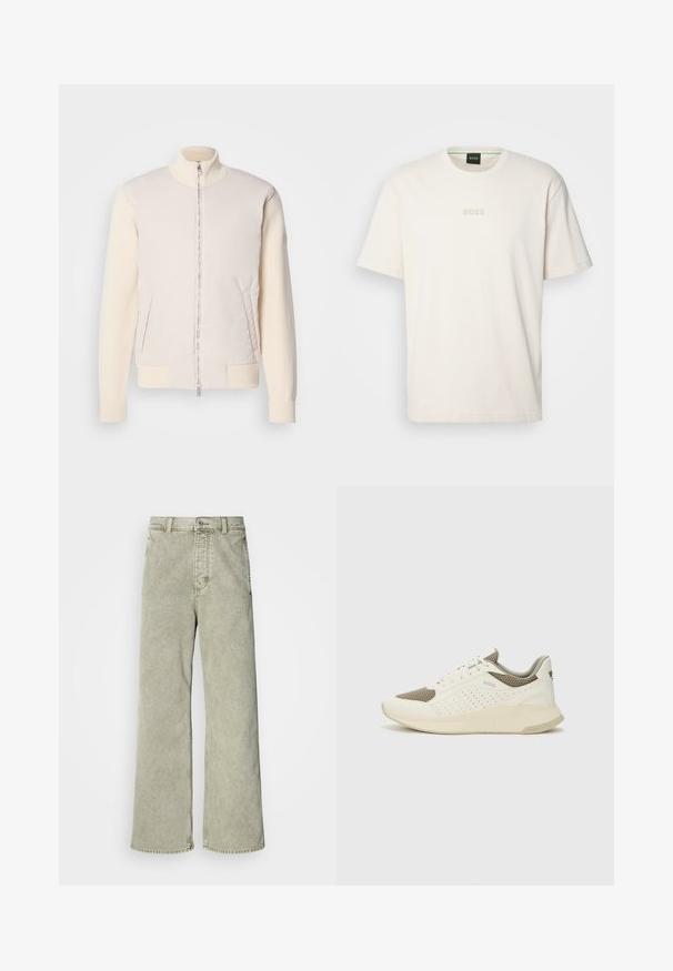 Jachetă bej deschis cu fermoar frontal, combinând un material superior neted și mâneci tricotate texturate, având buzunare laterale și guler în picioare.; BOSS TEE - Tricou basic - open white; Jeans largi de culoare verde deschis, cu talie înaltă, confecționați din denim, având închidere cu nasture și design clasic cu cinci buzunare.; Tenis sportivi alb și bej deschis, cu un înveliș din plasă, detalii perforate și o talpă intermediară texturată, având marcaj pe călcâi.